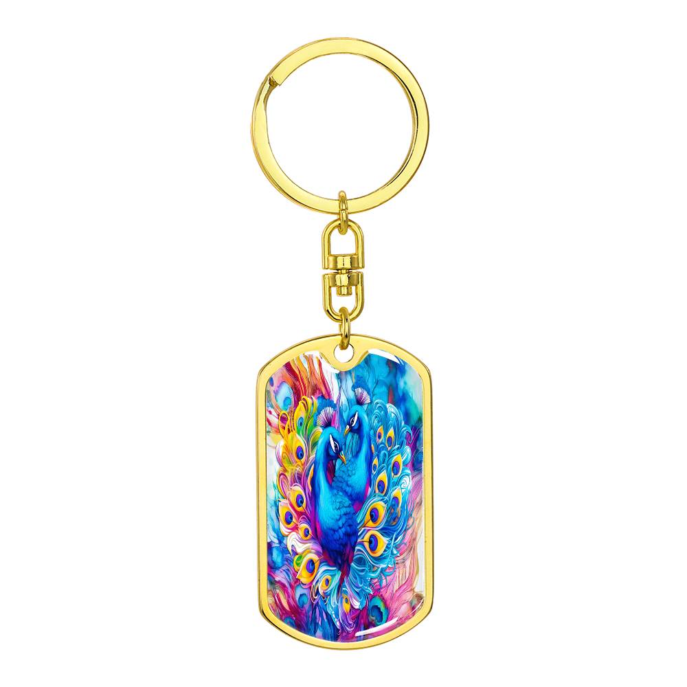 Colorful Blue Peacocks Graphic Dog Tags Keychain