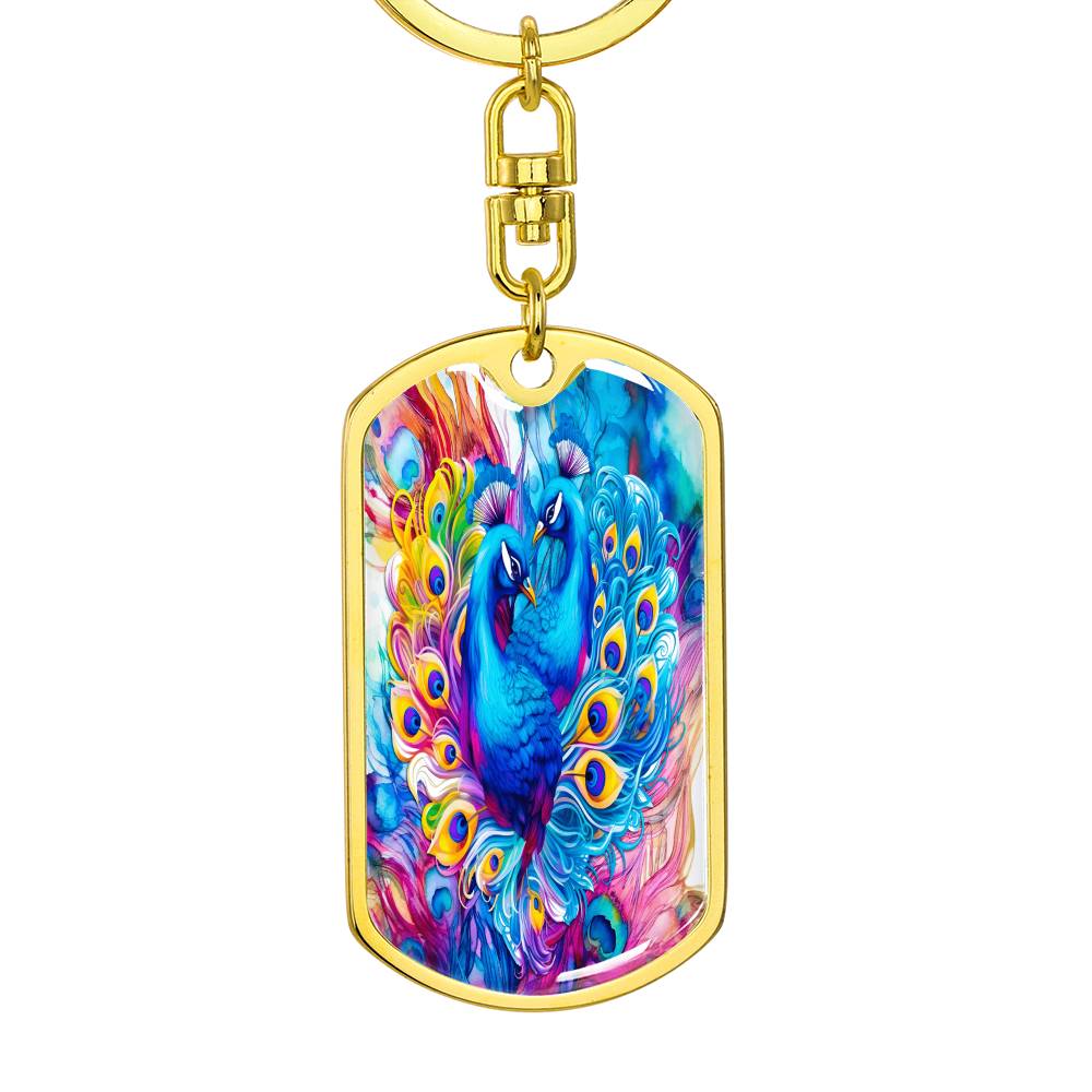 Colorful Blue Peacocks Graphic Dog Tags Keychain