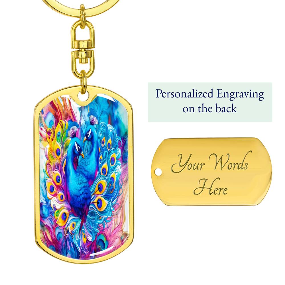 Colorful Blue Peacocks Graphic Dog Tags Keychain