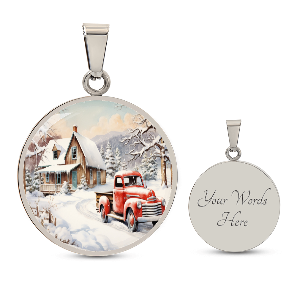 Old Red Truck in Winter Round Graphic Luxury Necklace