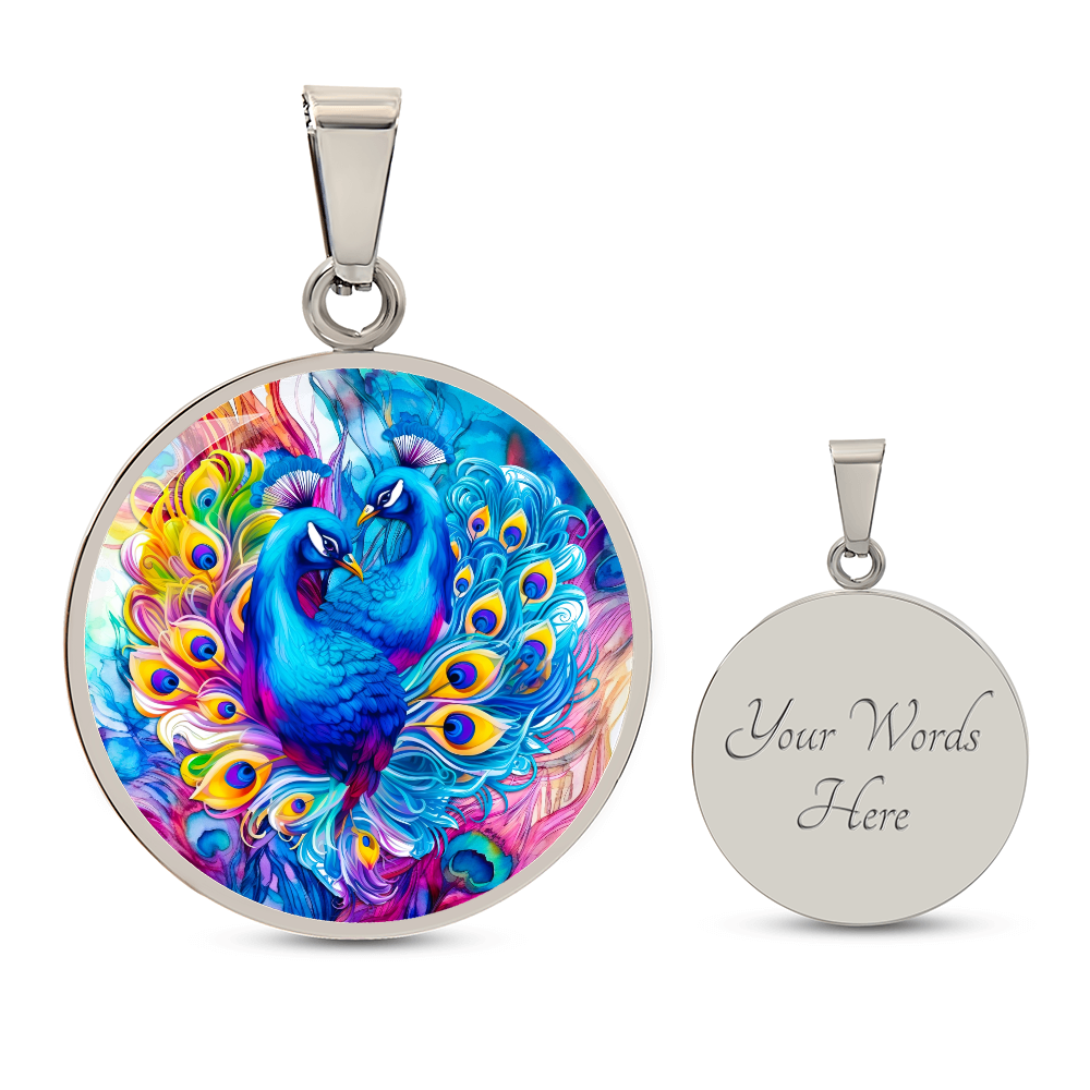 Colorful Peacocks Round Graphic Luxury Necklace
