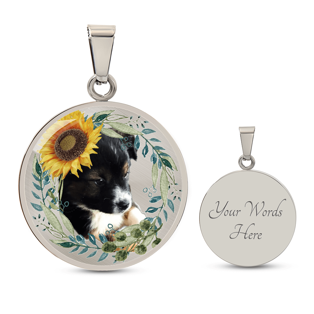 Cute Puppy with Sunflower Hat Graphic Round Necklace