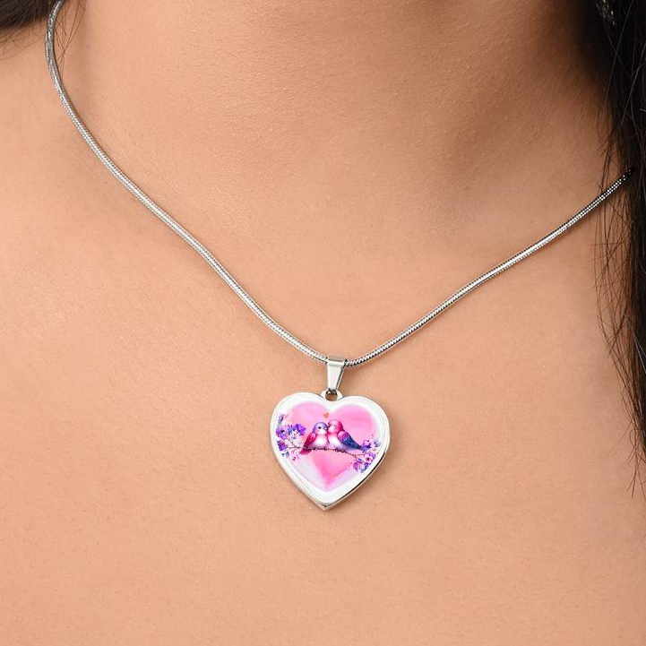 Love Birds on Heart Shaped Graphic Luxury Necklace