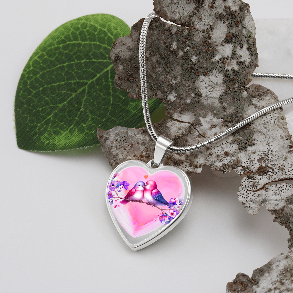 Love Birds on Heart Shaped Graphic Luxury Necklace