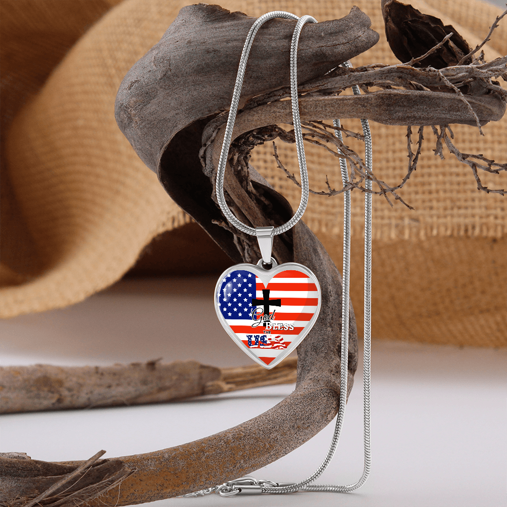 God Bless the USA Heart Shaped Graphic Necklace