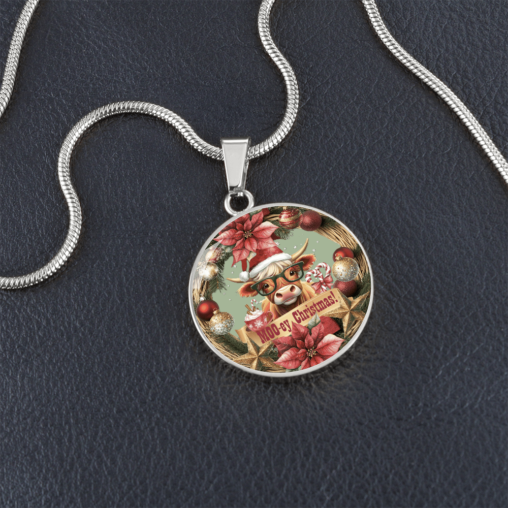 Moo-ey Christmas Highland Cow Luxury Graphic Round Necklace