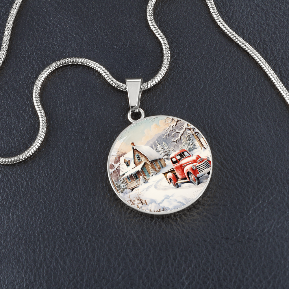 Old Red Truck in Winter Round Graphic Luxury Necklace