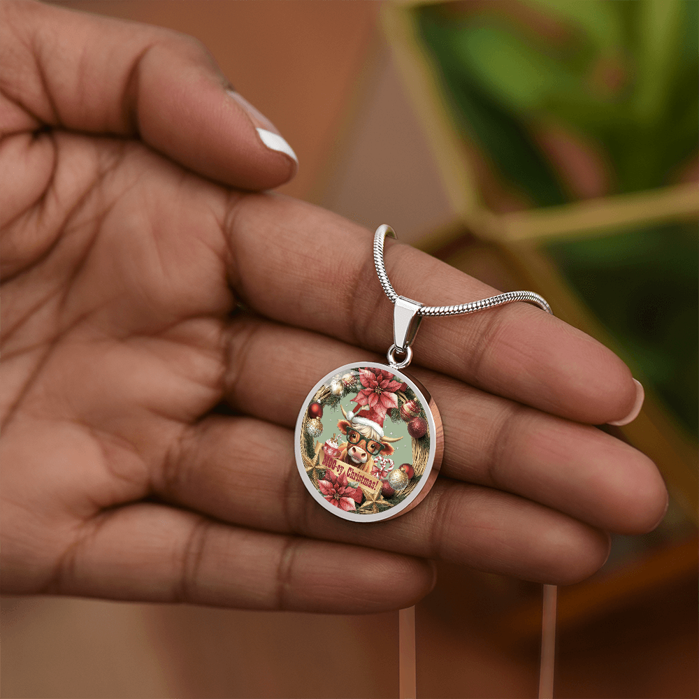 Moo-ey Christmas Highland Cow Luxury Graphic Round Necklace
