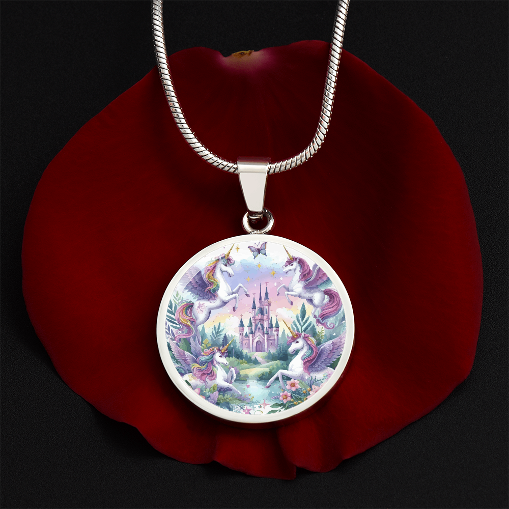 Purple Unicorns and Castle Graphic Circle Necklace