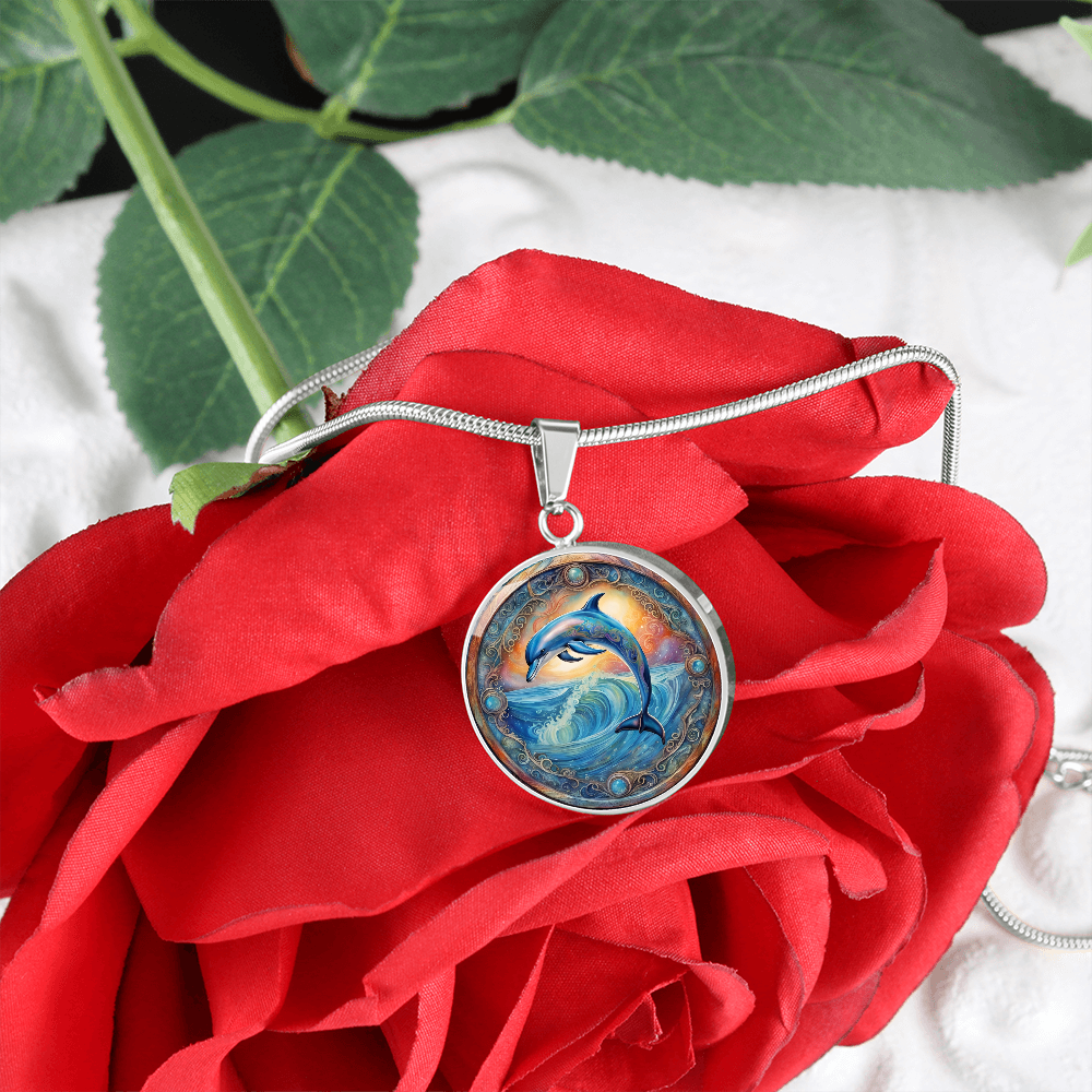 Playful Dolphin Round Graphic Deluxe Necklace