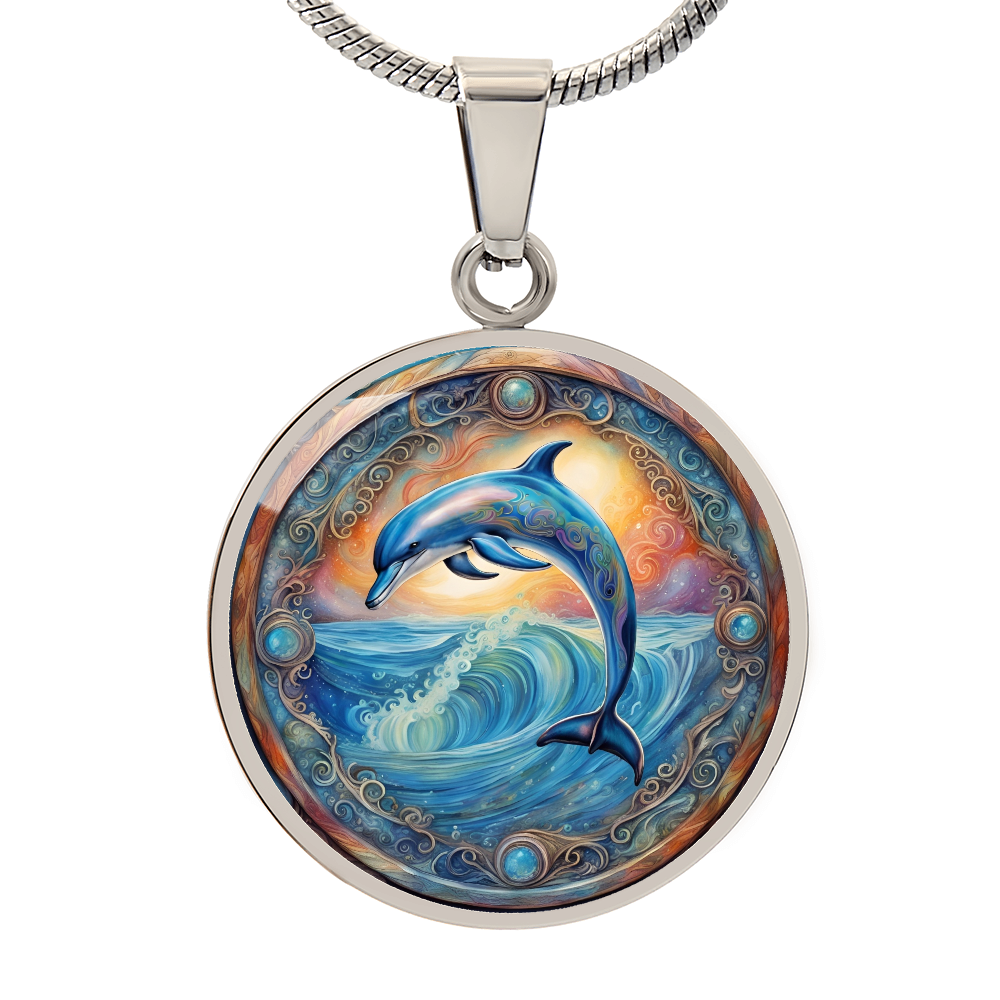 Playful Dolphin Round Graphic Deluxe Necklace