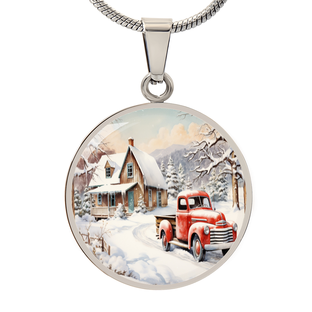 Old Red Truck in Winter Round Graphic Luxury Necklace