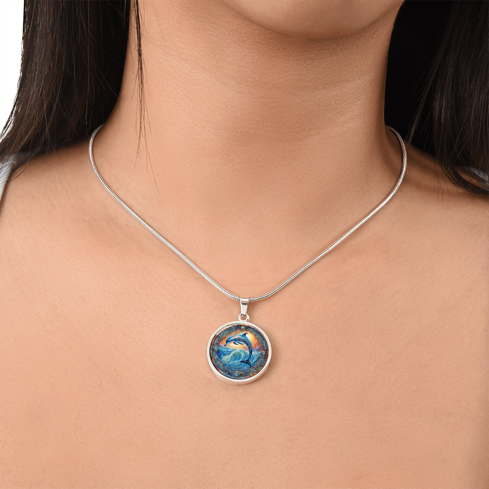 Playful Dolphin Round Graphic Deluxe Necklace