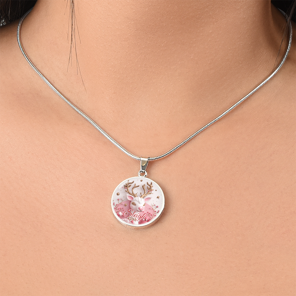 Christmas Pink Sleigh Girl Cute Reindeer Graphic Round Necklace