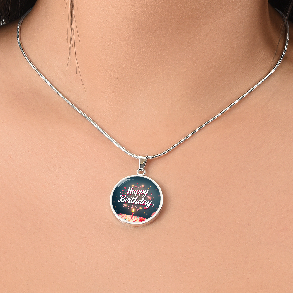 Happy Birthday Cake with Candle Circle Graphic Necklace