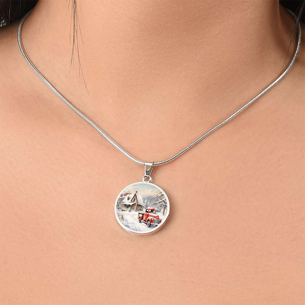 Old Red Truck in Winter Round Graphic Luxury Necklace
