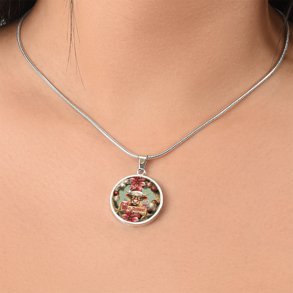 Moo-ey Christmas Highland Cow Luxury Graphic Round Necklace