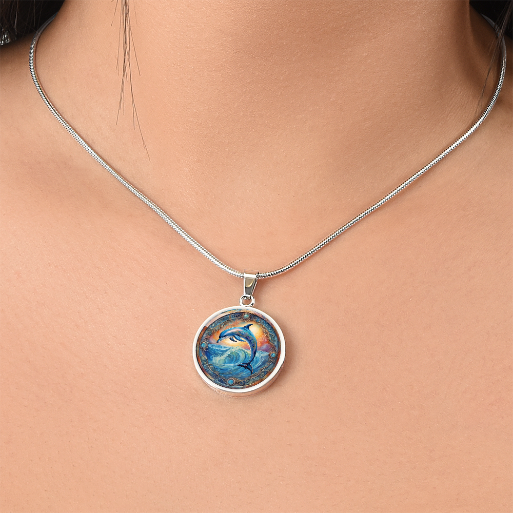 Playful Dolphin Round Graphic Deluxe Necklace