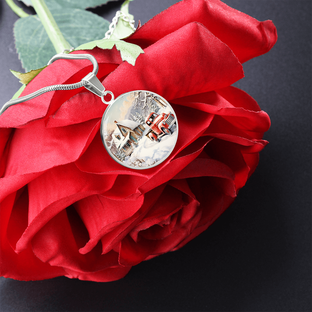 Old Red Truck in Winter Round Graphic Luxury Necklace