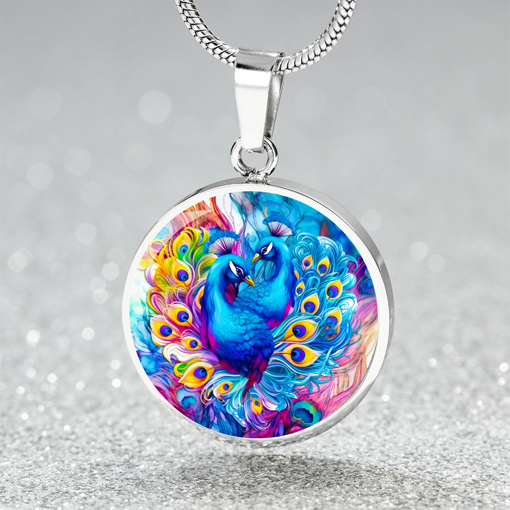 Colorful Peacocks Round Graphic Luxury Necklace