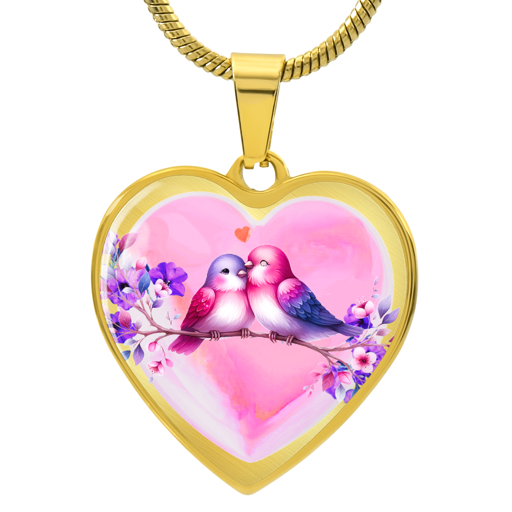 Love Birds on Heart Shaped Graphic Luxury Necklace