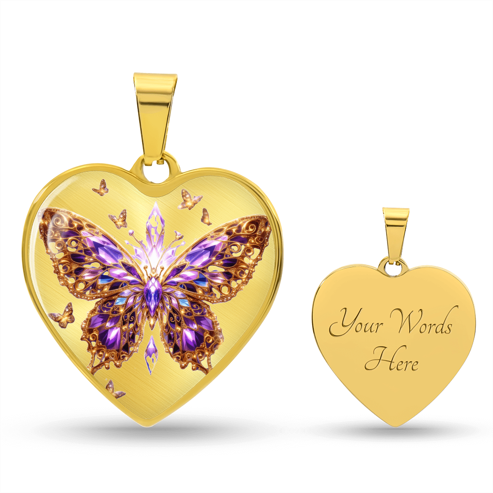 Crystal Purple Butterfly Heart Shaped Necklace with Engraving