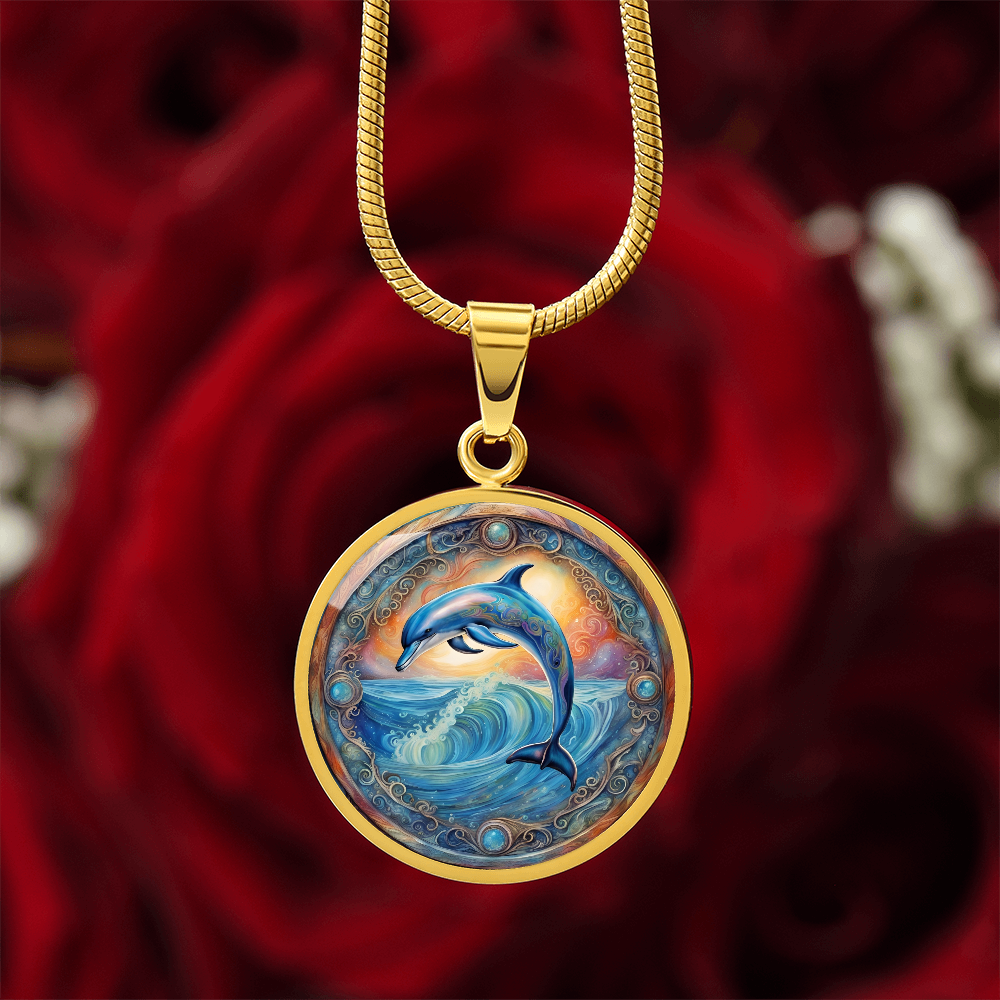 Playful Dolphin Round Graphic Deluxe Necklace