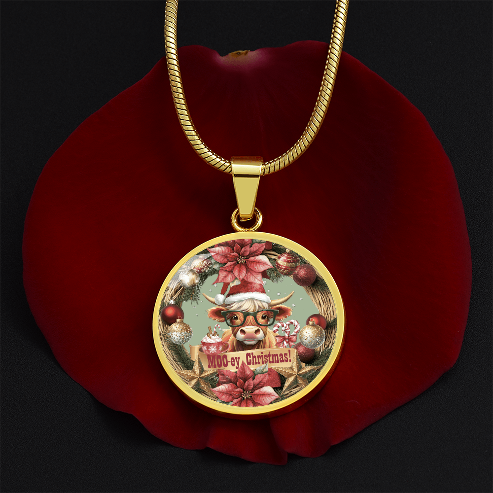 Moo-ey Christmas Highland Cow Luxury Graphic Round Necklace
