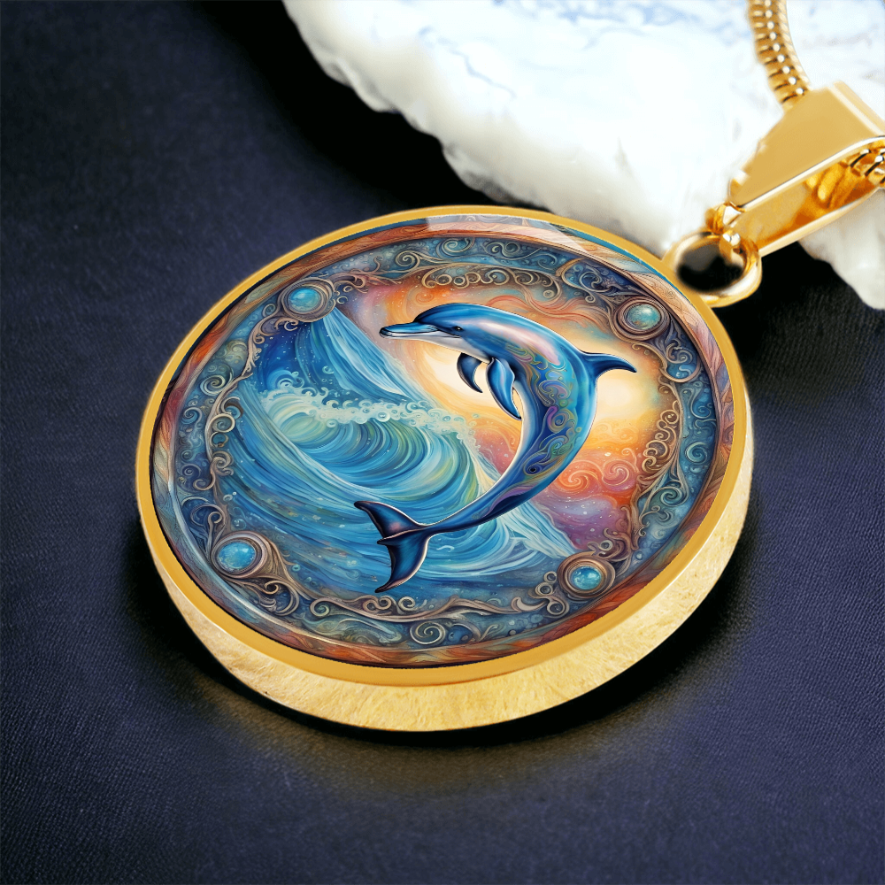 Playful Dolphin Round Graphic Deluxe Necklace