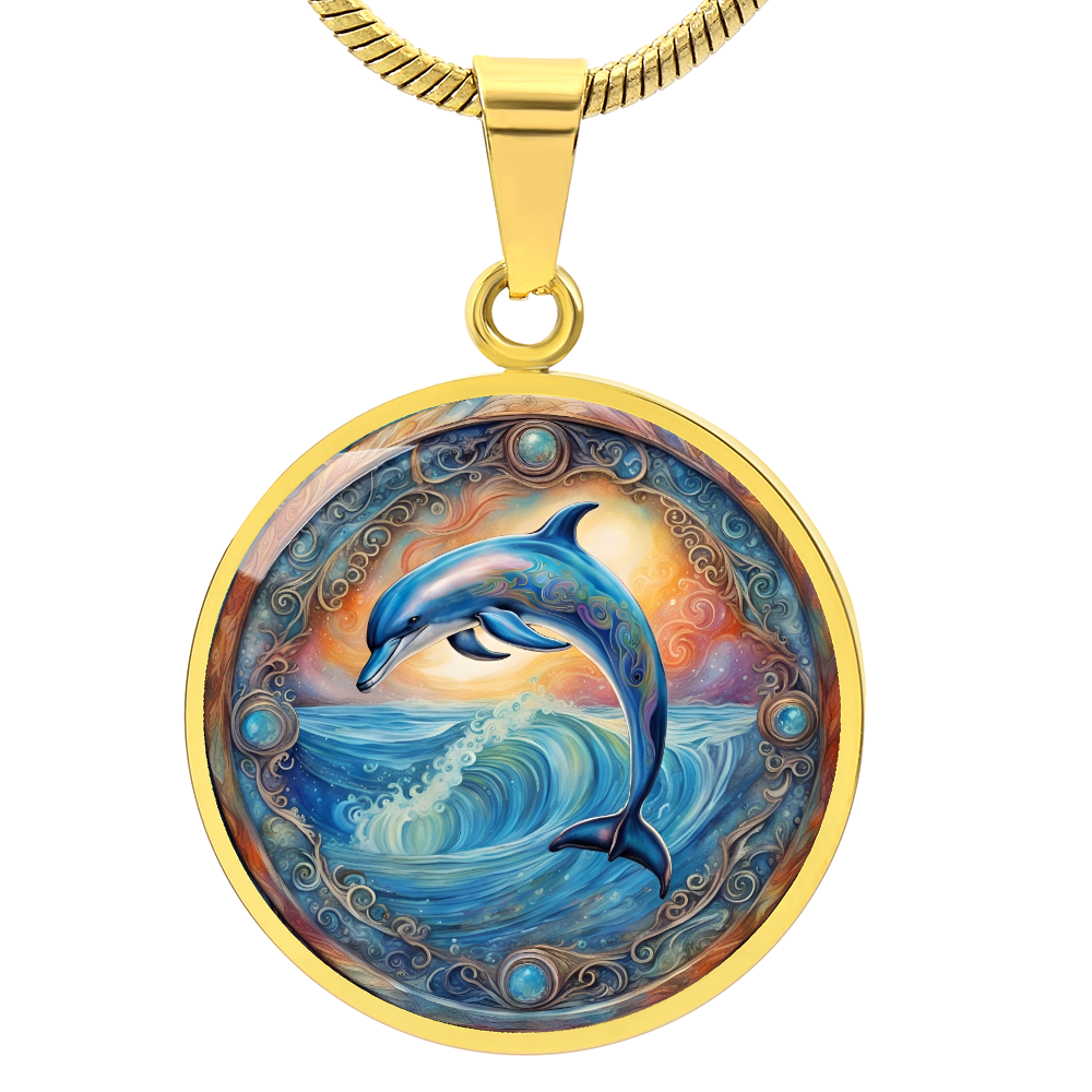 Playful Dolphin Round Graphic Deluxe Necklace