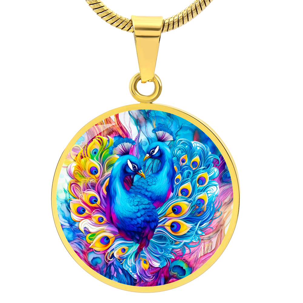 Colorful Peacocks Round Graphic Luxury Necklace