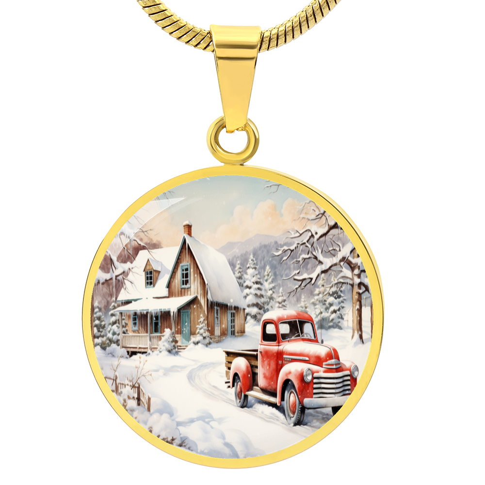Old Red Truck in Winter Round Graphic Luxury Necklace
