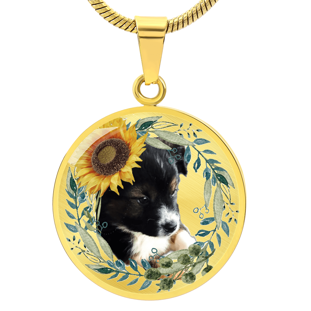 Cute Puppy with Sunflower Hat Graphic Round Necklace