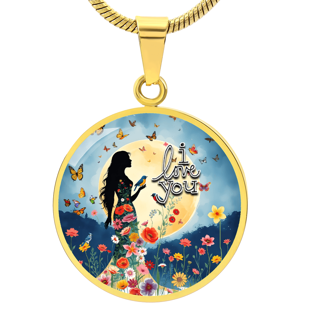 I Love You Beautiful Woman Under a Full Moon Graphic Round Necklace
