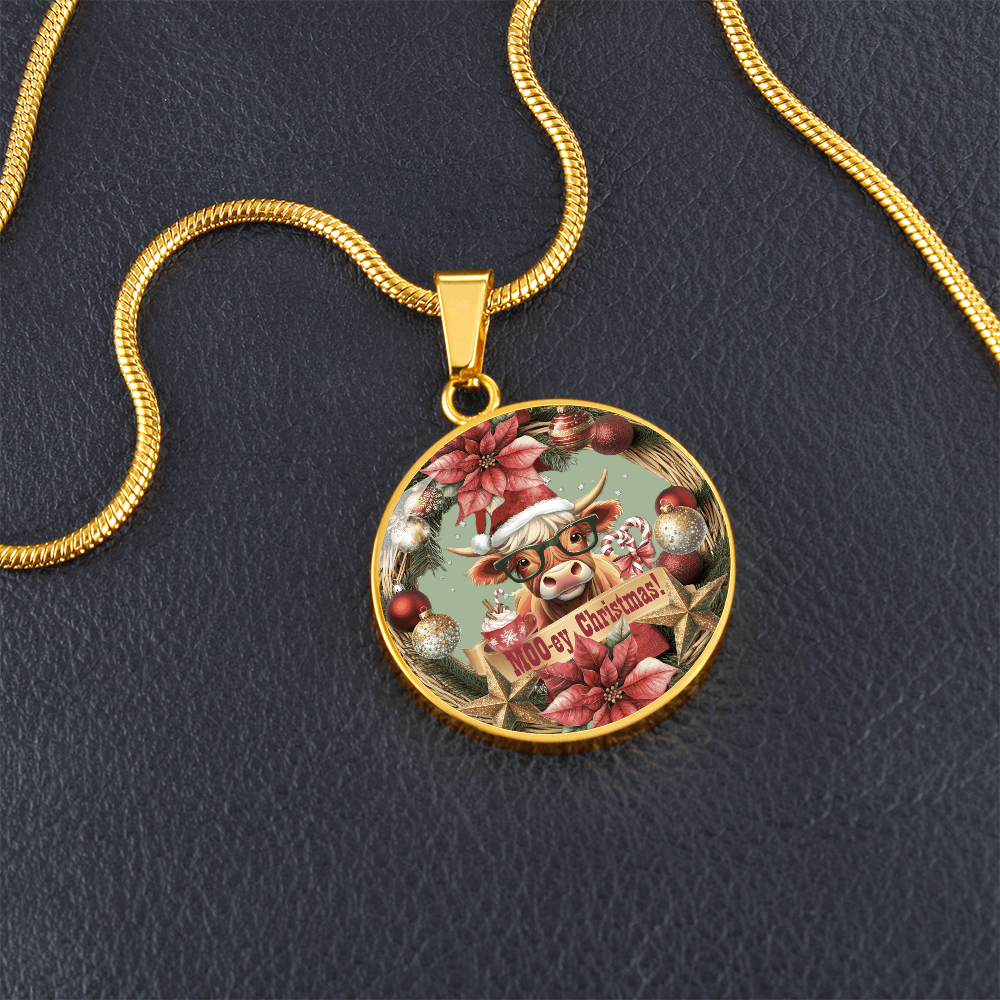 Moo-ey Christmas Highland Cow Luxury Graphic Round Necklace