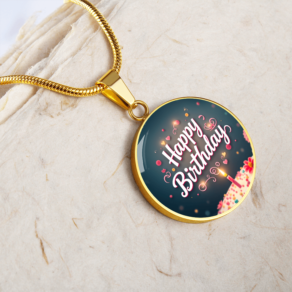 Happy Birthday Cake with Candle Circle Graphic Necklace