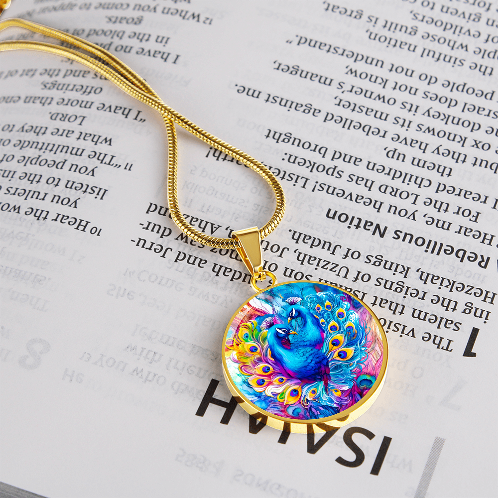 Colorful Peacocks Round Graphic Luxury Necklace