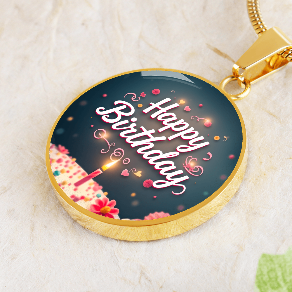 Happy Birthday Cake with Candle Circle Graphic Necklace