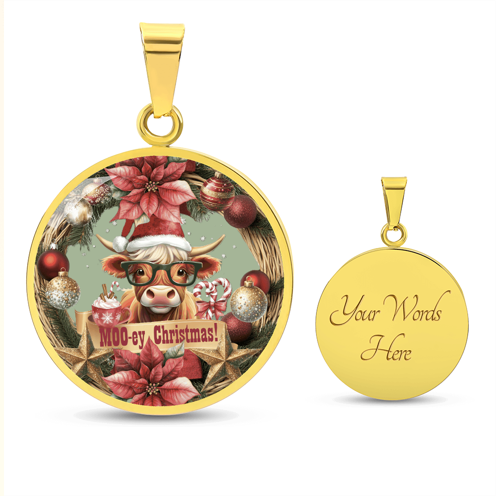 Moo-ey Christmas Highland Cow Luxury Graphic Round Necklace