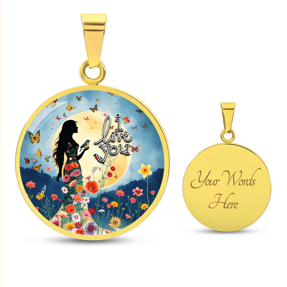 I Love You Beautiful Woman Under a Full Moon Graphic Round Necklace