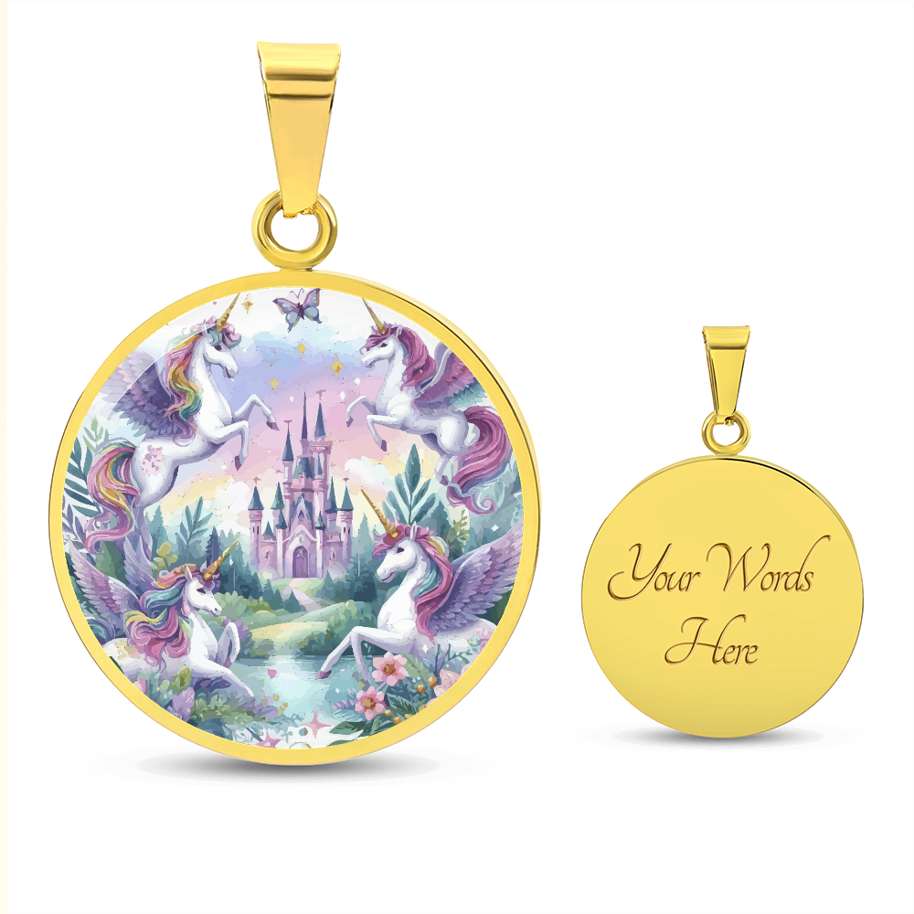 Purple Unicorns and Castle Graphic Circle Necklace