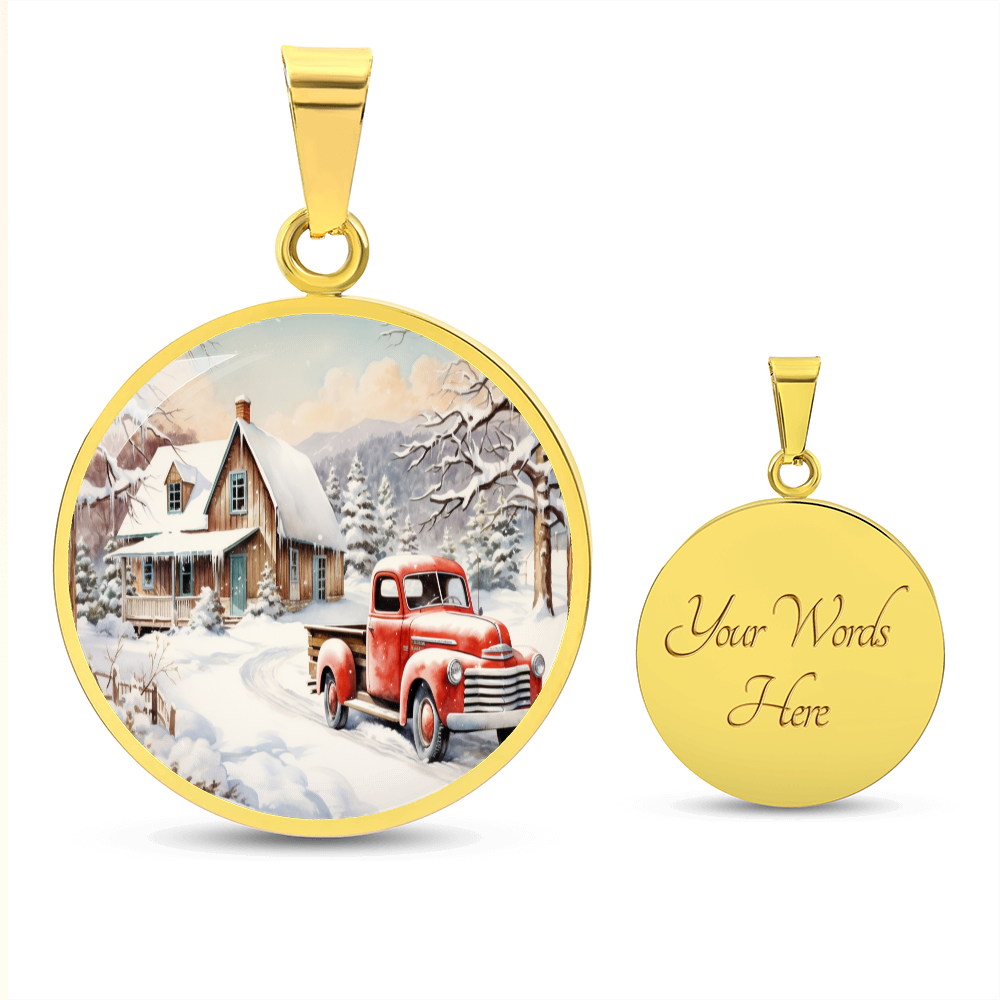 Old Red Truck in Winter Round Graphic Luxury Necklace