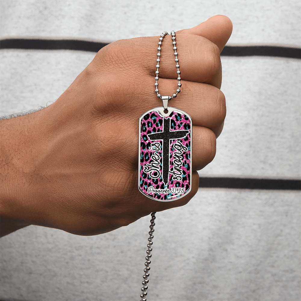 She is Strong Cross Scripture Pink Graphic Dog Tags Necklace