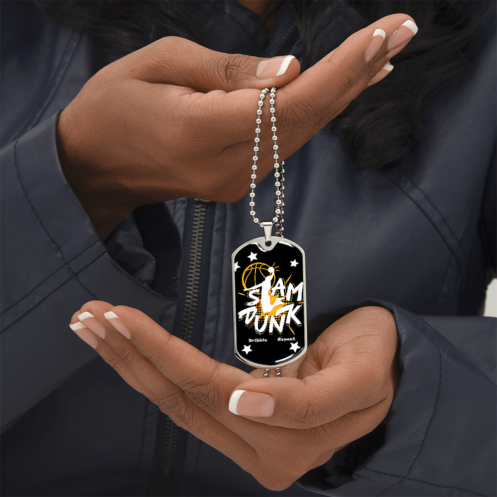 Slam Dunk Dribble Repeat Basketball Player Graphic Dog Tags Necklace