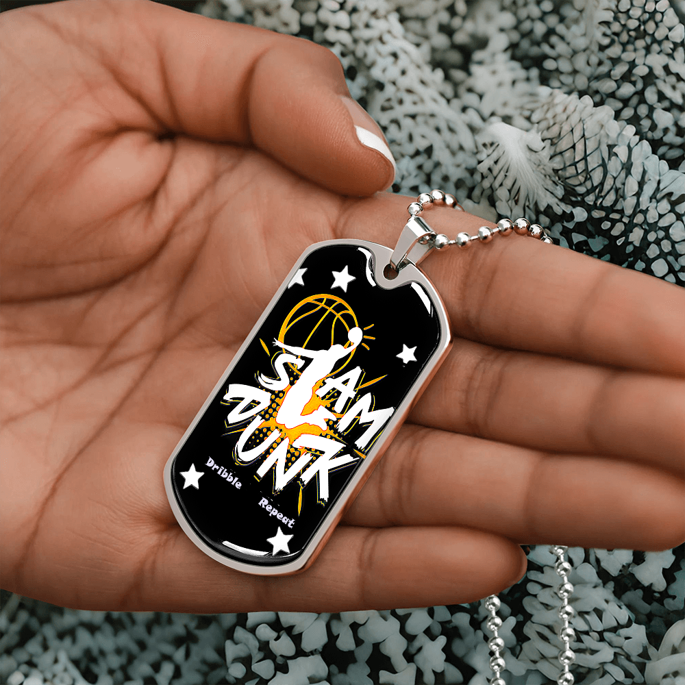 Slam Dunk Dribble Repeat Basketball Player Graphic Dog Tags Necklace