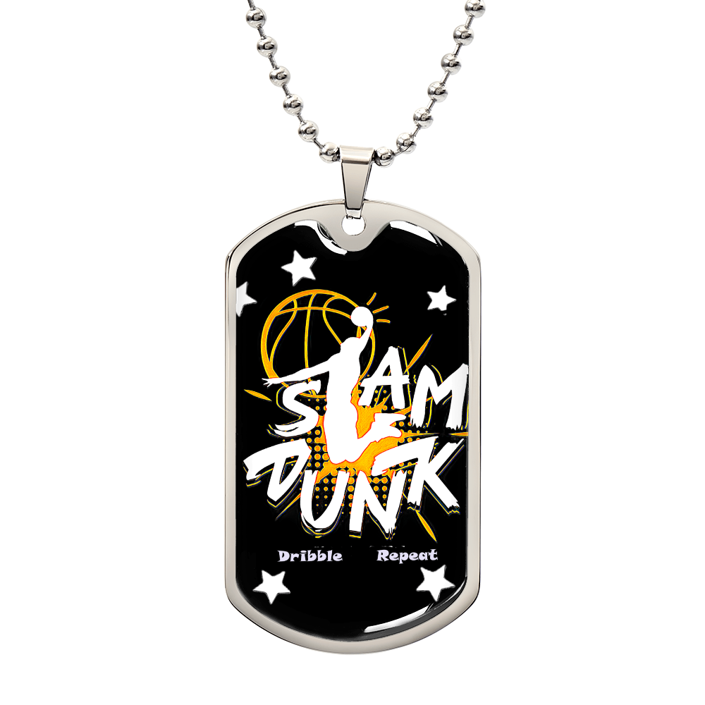 Slam Dunk Dribble Repeat Basketball Player Graphic Dog Tags Necklace