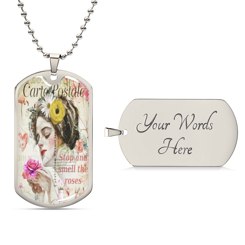 Beautiful Lady Stopping to Smell the Roses Dog Tags Necklace