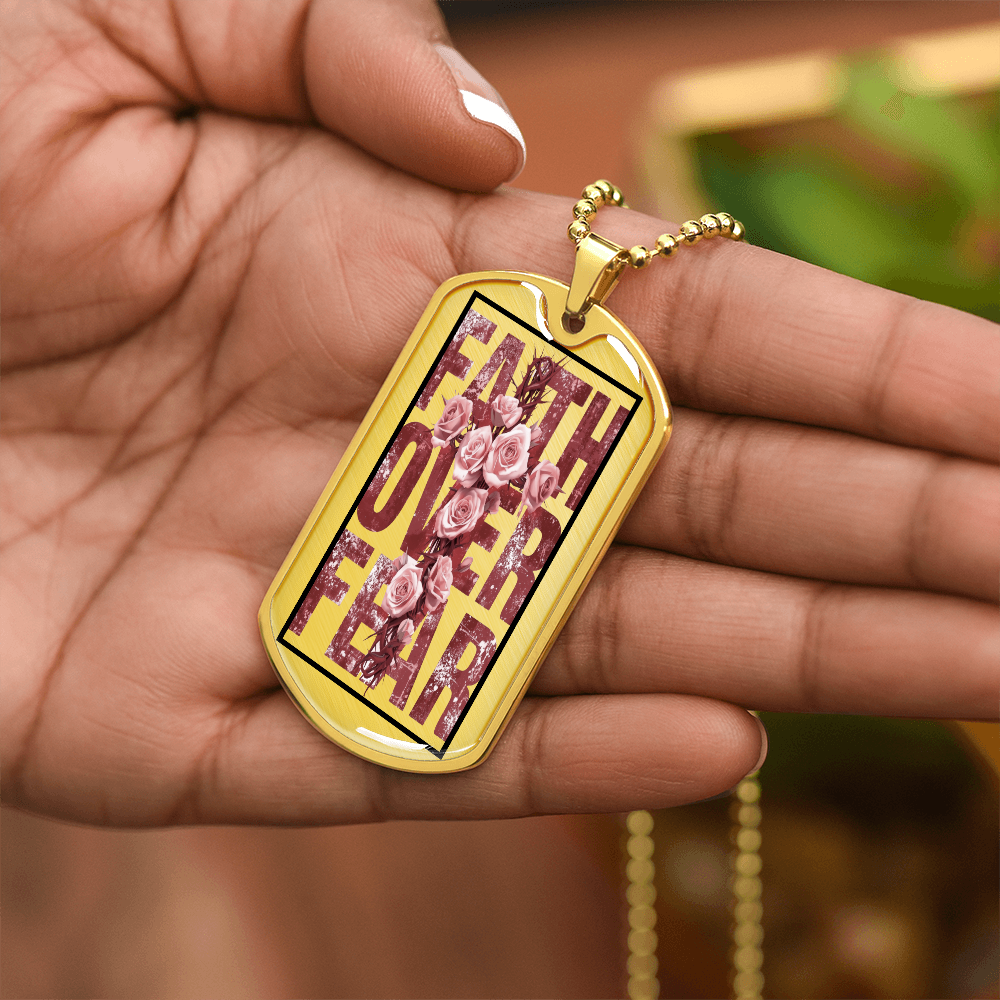 Faith Over Fear Floral Faith Based Graphic Dog Tags Necklace