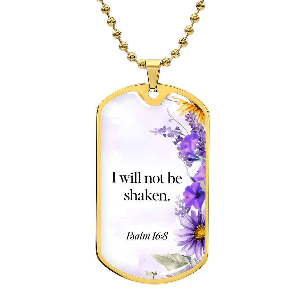 Purple Flowers I Will Not Be Shaken Faith Based Graphic Dog Tags Necklace