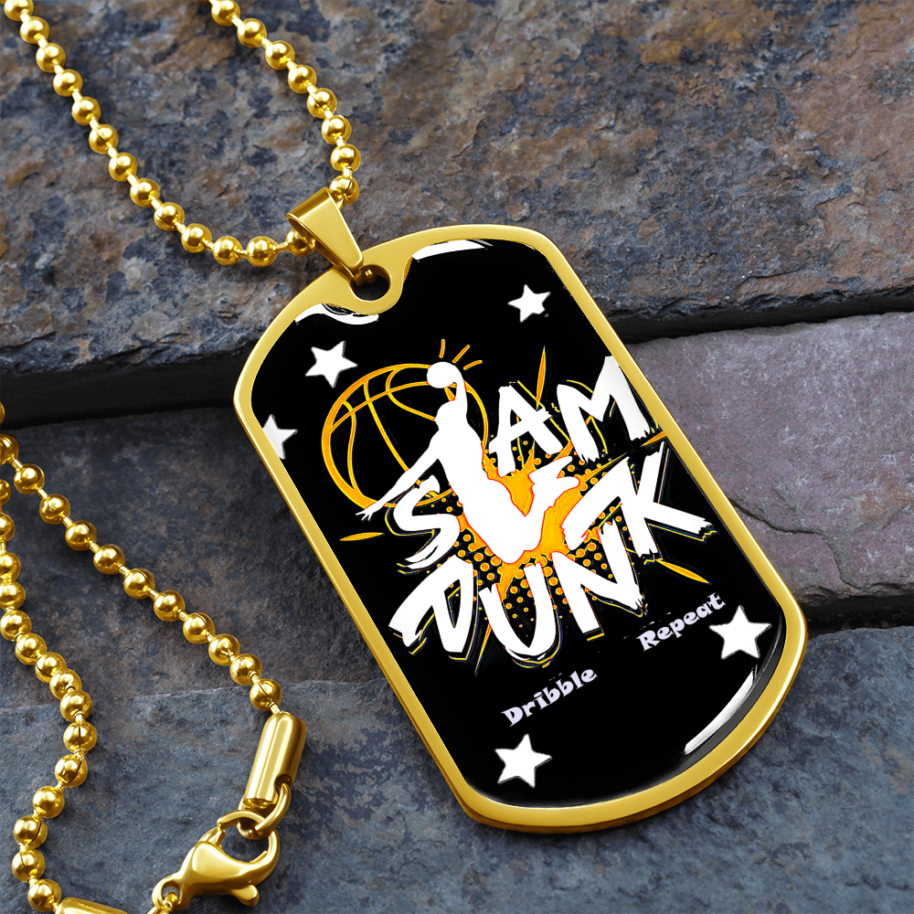 Slam Dunk Dribble Repeat Basketball Player Graphic Dog Tags Necklace